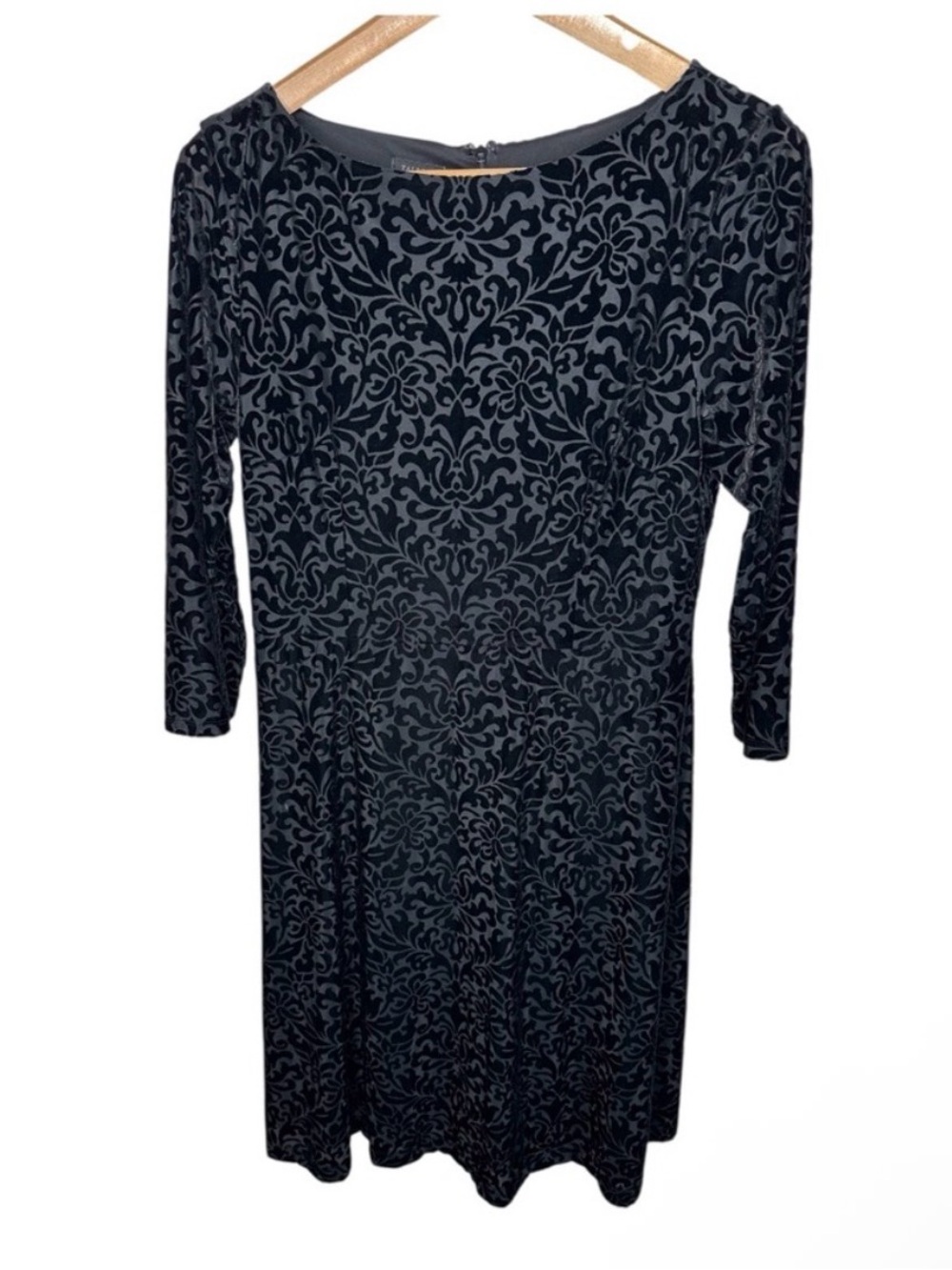 Talbots Black Floral Velvet Burnout A-Line Dress V-Neck 3/4 Sleeve Knee M